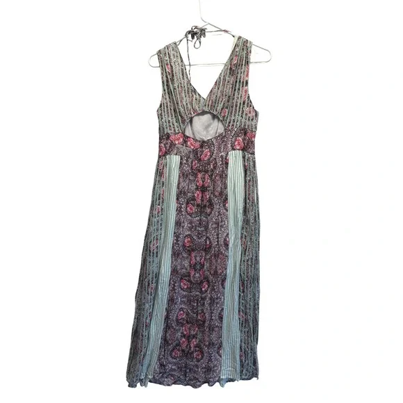 Free People Boho Floral Striped Maxi Dress Sage Green Pink Cutout Back Pockets - Picture 8 of 11
